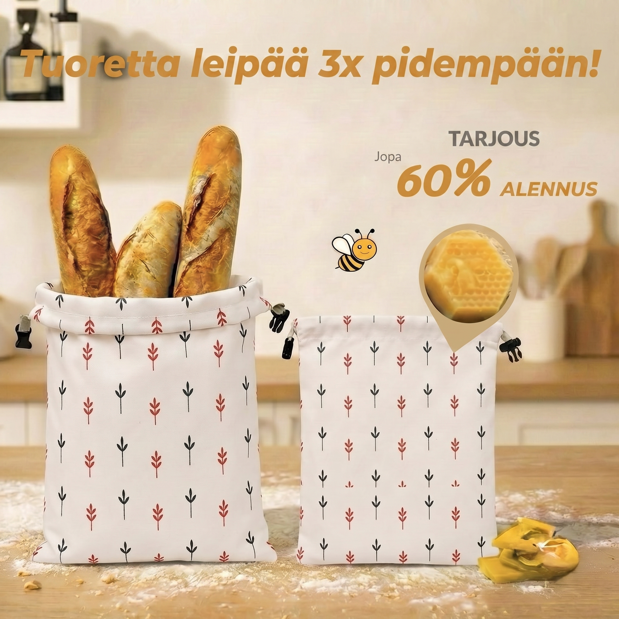 Premium-leipäpussit – 100 % puuvilla ja mehiläisvaha